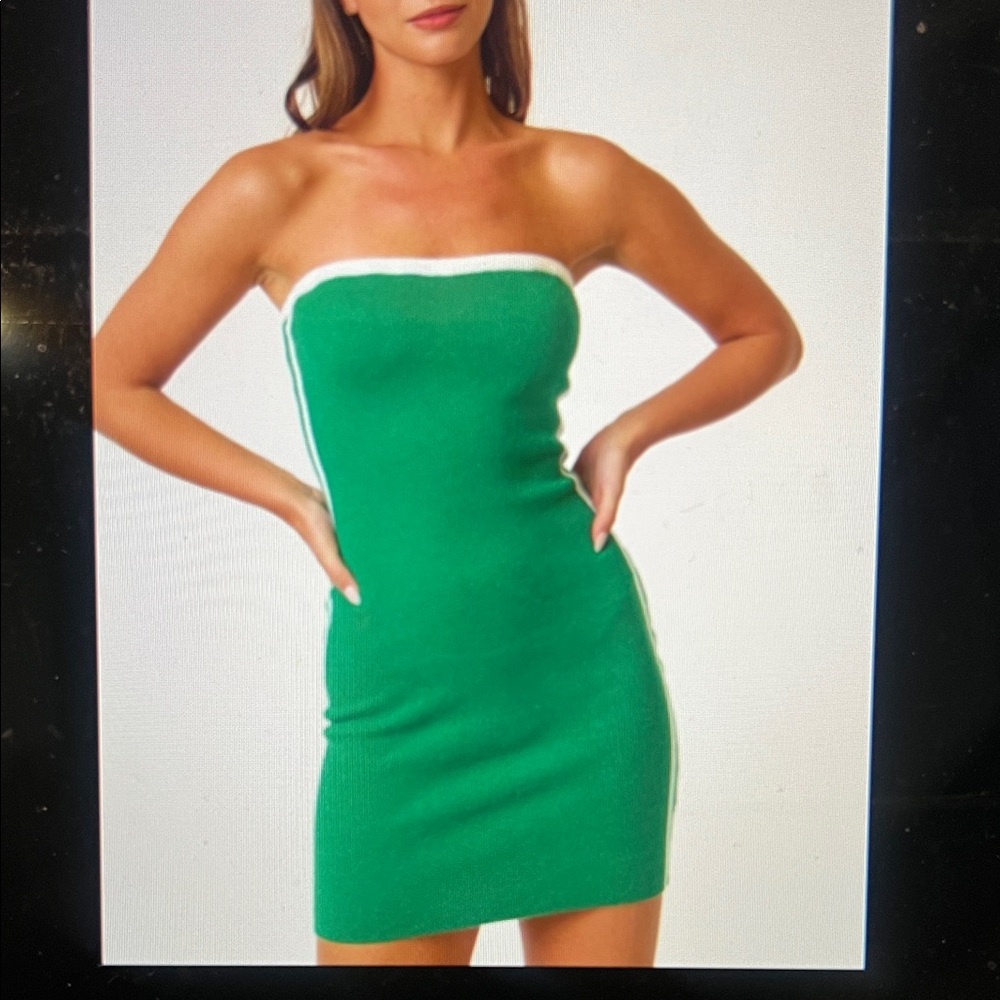 Strapless Green Bodycon Mini Dress with White Trim